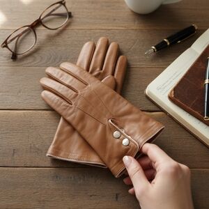 Nine West Genuine Leather Gloves – Brown & Pink Trim Snap Closure – Size Large